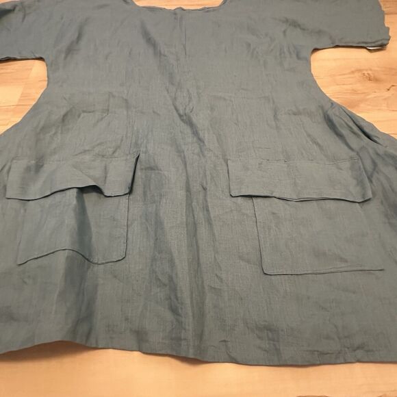 Handmade Woman 1X 100% Linen Top Tunic Short Sleeve Pockets Lagenlook Blue New - Picture 3 of 7
